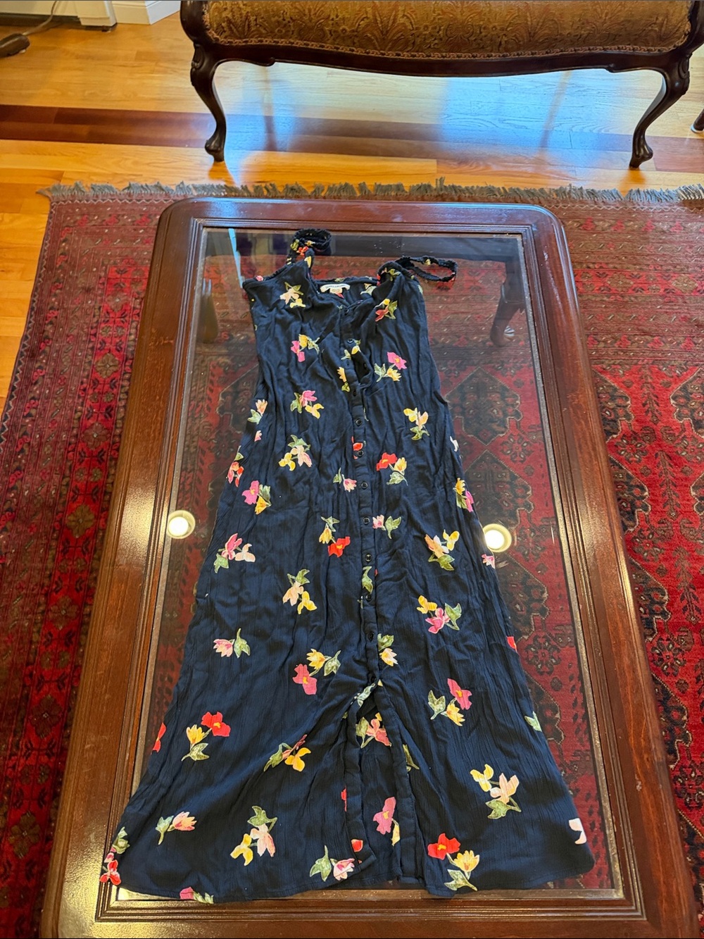 Navy Floral Maxi Dress with Pink & Yellow Blooms